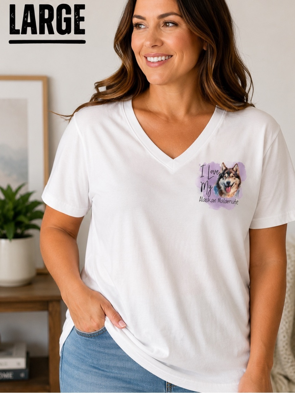 Hand crafted White V-Neck T-Shirt with Alaskan Malamute Graphic LARGE
